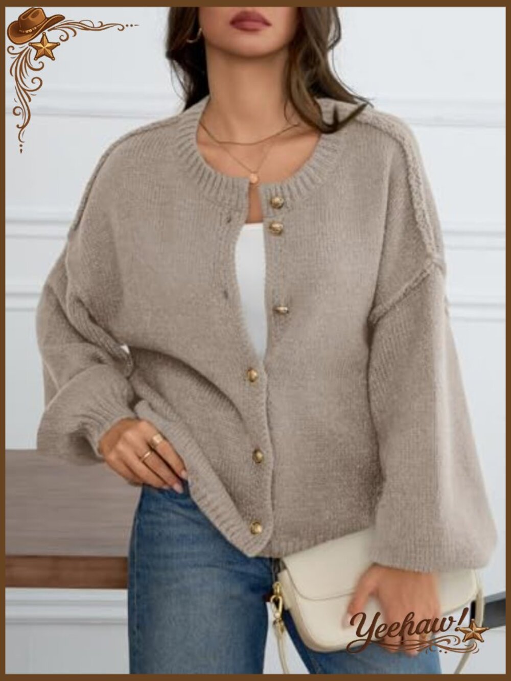 Oversized Chunky Knit Cardigan Button Up Lantern Sleeve Fall Sweater Coat - Picture 3 of 7